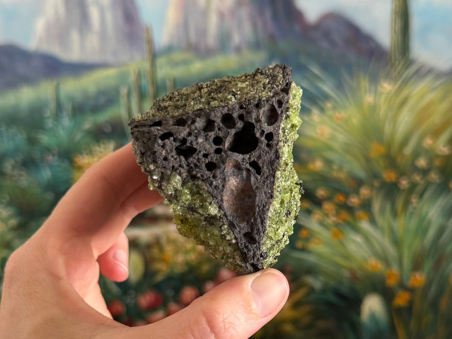 A triangular side of the piece, with large patches of peridotite in different tones on each side. The forward face is plain volcanic rock with good bubble hole pattern.