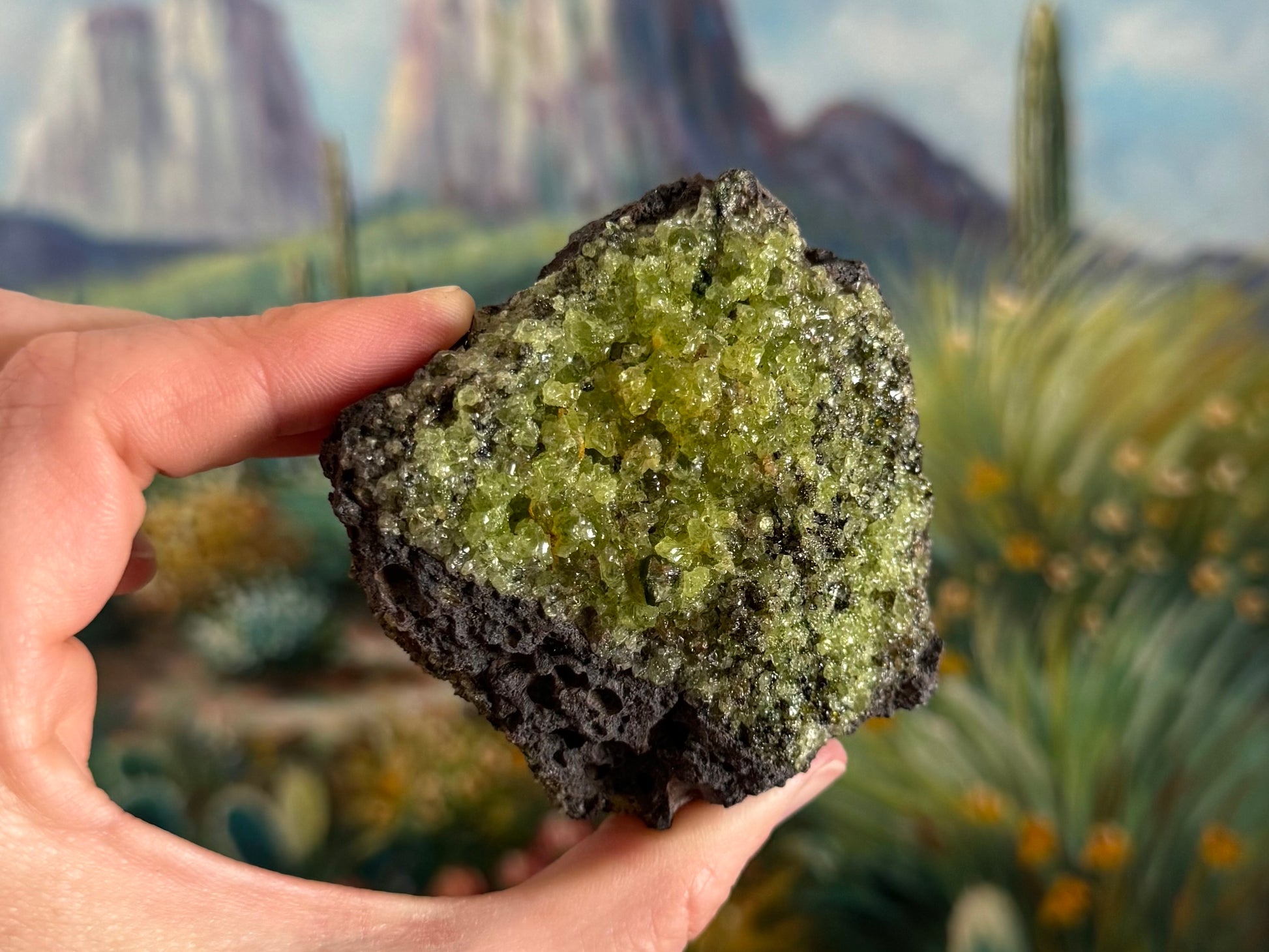 A rough off-square chunk of dark gray porous volcanic basalt with a large patch of peridotite on the front face.