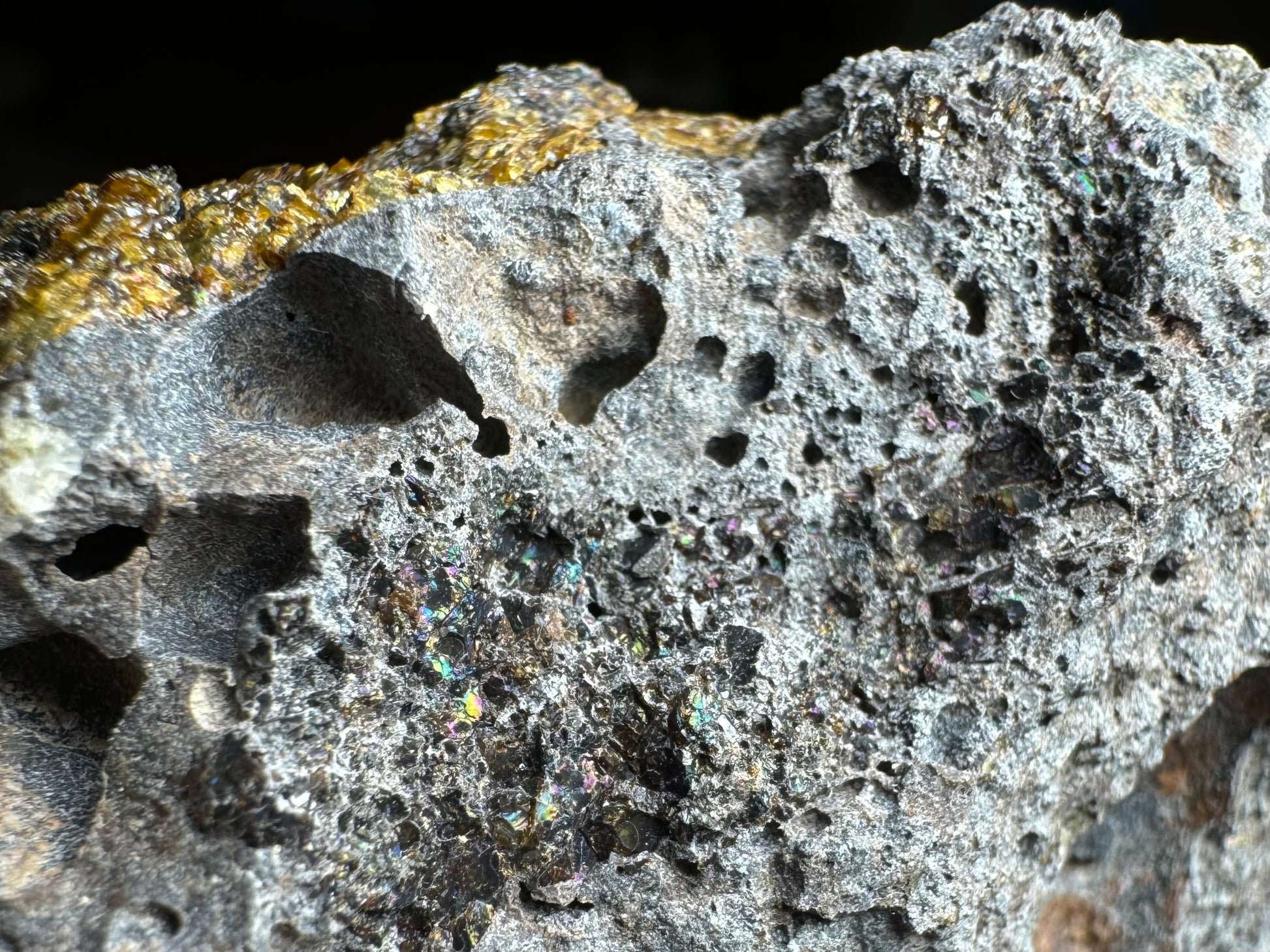 Detail of the volcanic rock in bright light showing a section with iridescent rainbow colors