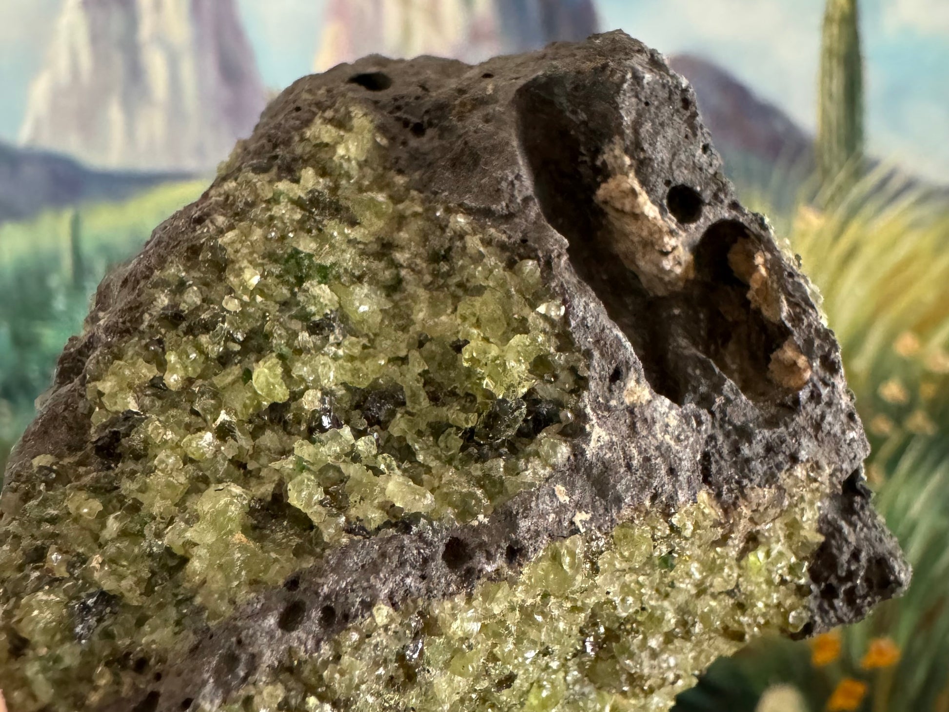 Detail of some of the higher-quality peridotite, light yellow green with darker green spots and small irregular crystals.