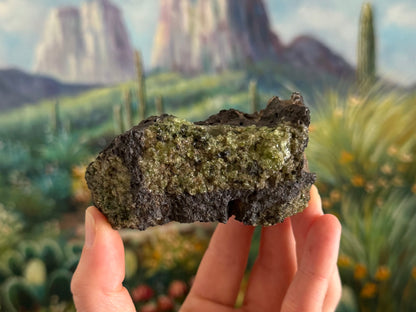 A rough rectangular chunk of dark gray porous volcanic basalt with bubble holes. There is a patch of peridotite on the front with lower quality patches on the ends.