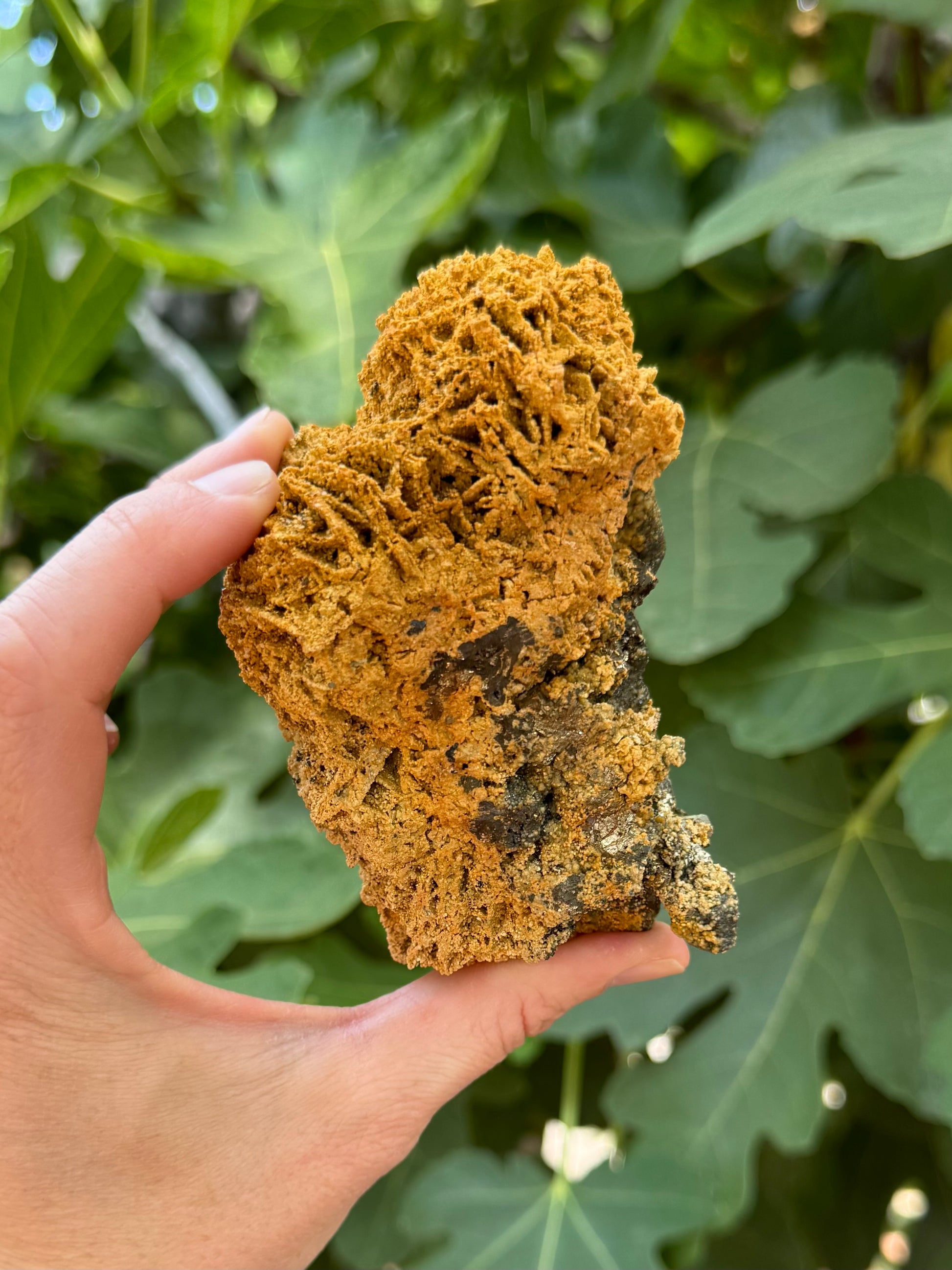 Another angle of the specimen, with almost web-like growth of the golden siderite crossing the surface.