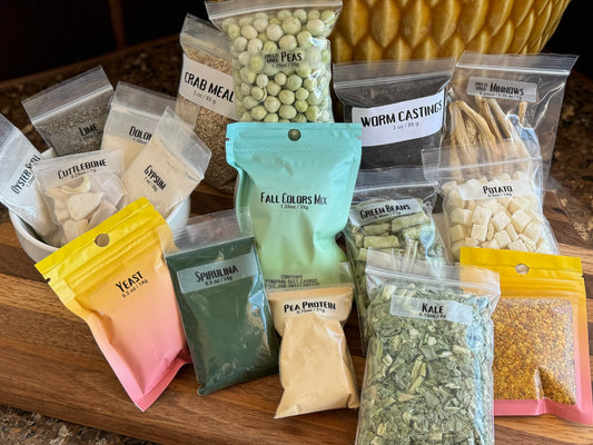 Items from all four isopod nutrition samplers: calcium, protein, veggie, and treats.