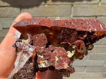 The specimen in sunlight, illustrating the material is fairly dark and opaque, though with good luster and color. Small spherical lumps of druzy cover surface nearby.