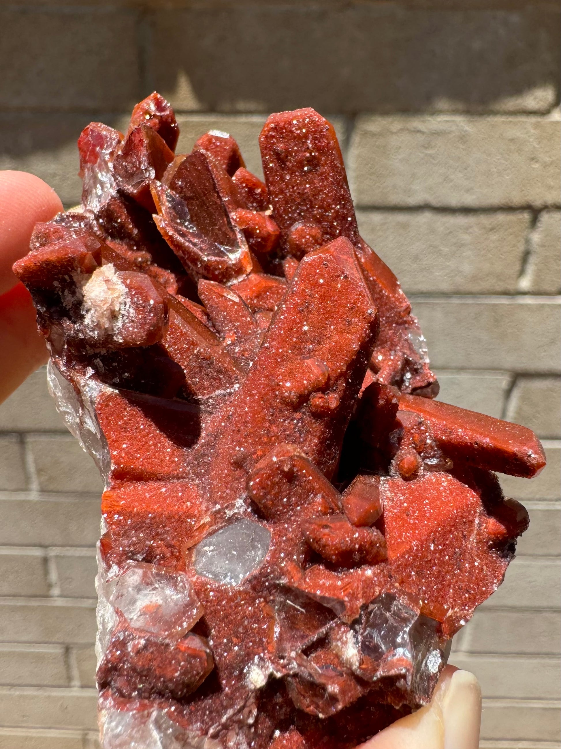 A wider view of the specimen, with this side of the crystal coated in druzy with black spots. Several broken crystals are visible and colorless inside.