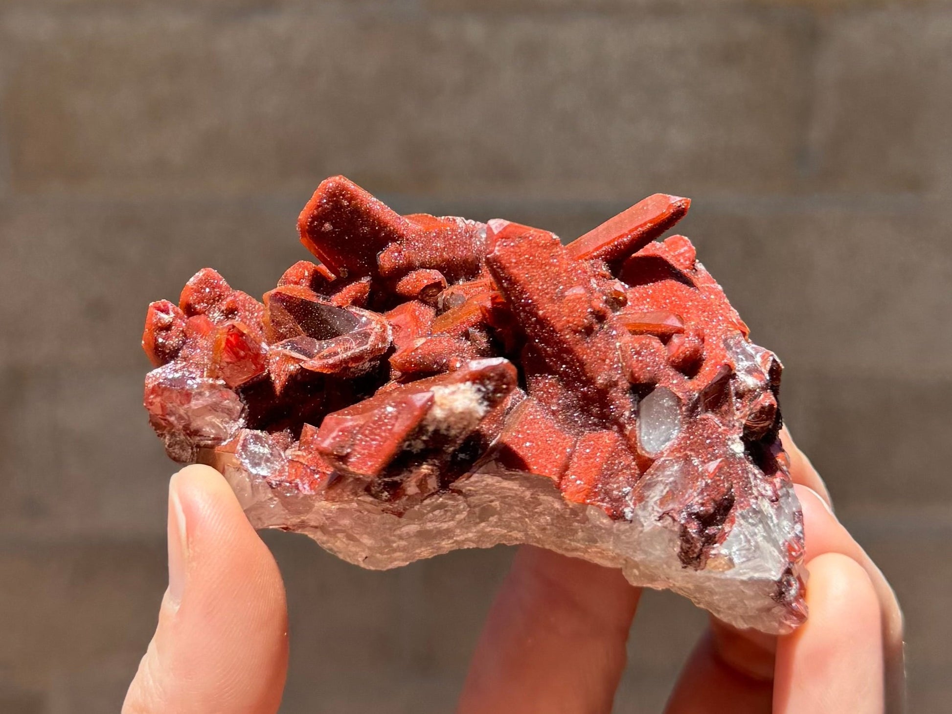 A side-view of the specimen, with this side of crystals covered with a glittery druzy. Several broken crystals are visible.