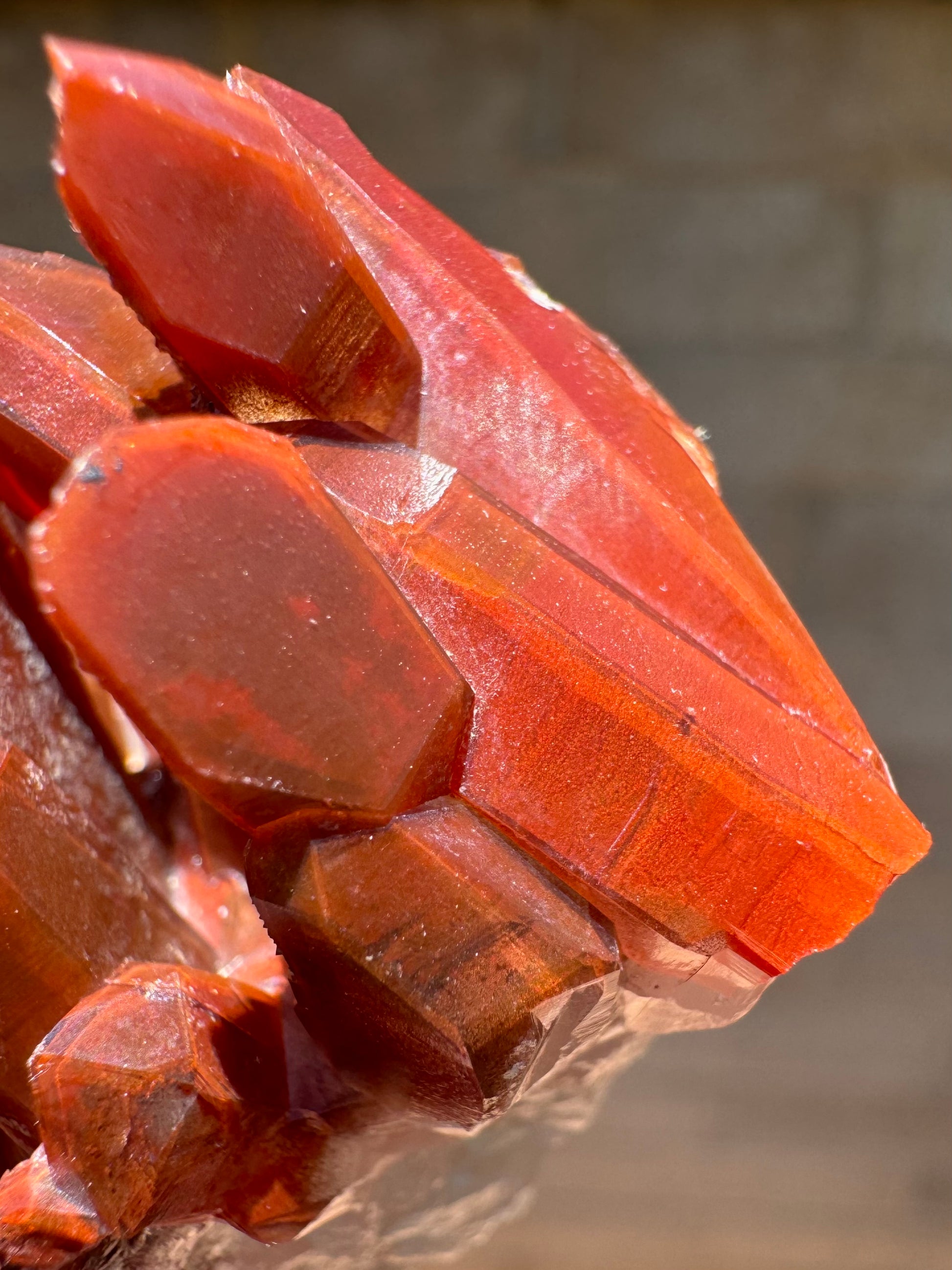 Close detail of red quartz points, with fine points of red-orange color under the surface and a colorless top layer.