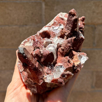 Looking straight down on the quartz cluster, with one large point on one end and several points on the other end. Several hexagonal broken points are in between them, colorless and ringed in red included quartz