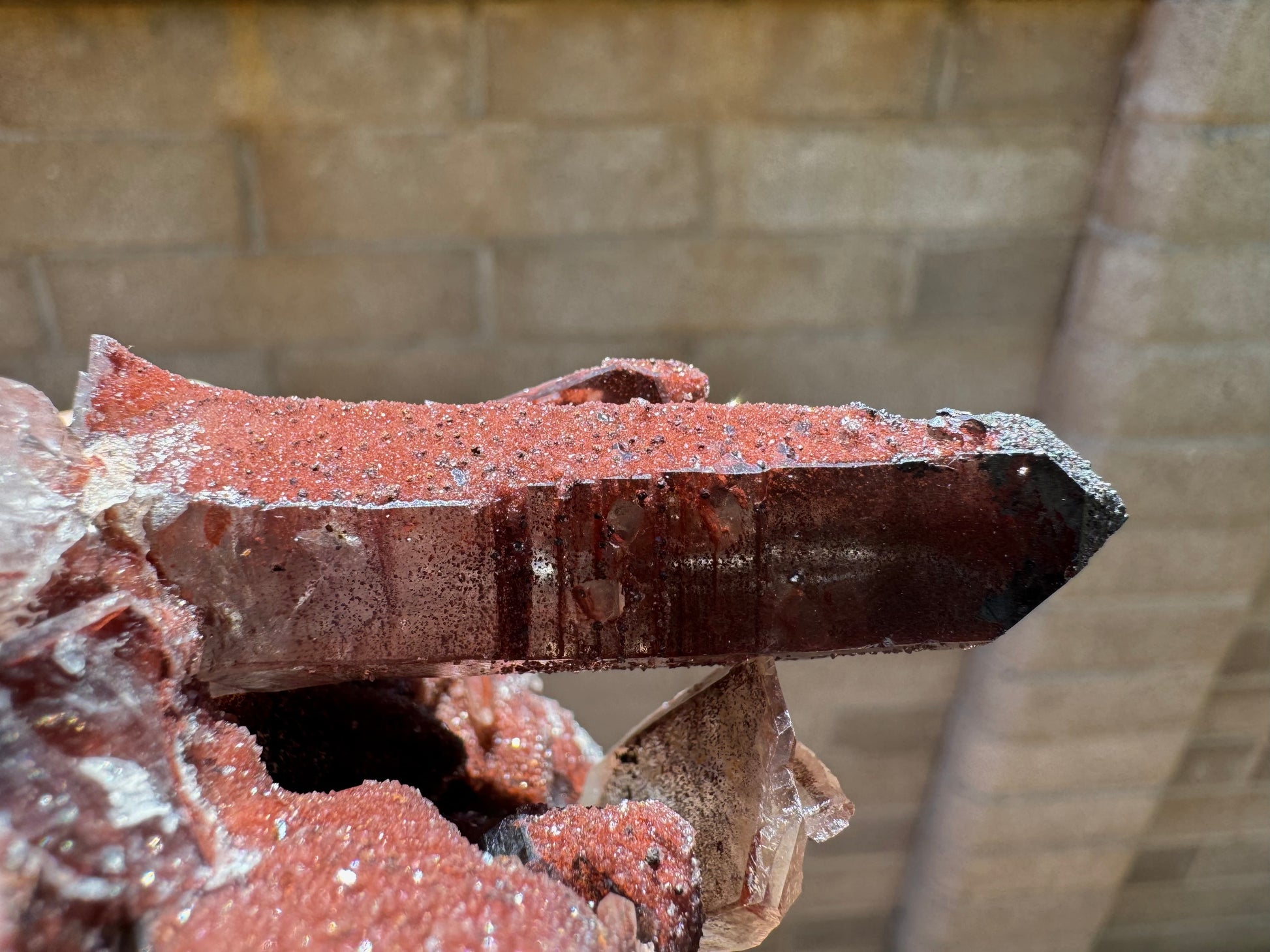 Detail of the main point, well-formed and covered with red druzy spotted with black, and with the tip coated in black.