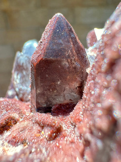 Detail of a small quartz point, translucent with a layer of dark red and then light red small spot inclusions under the surface.