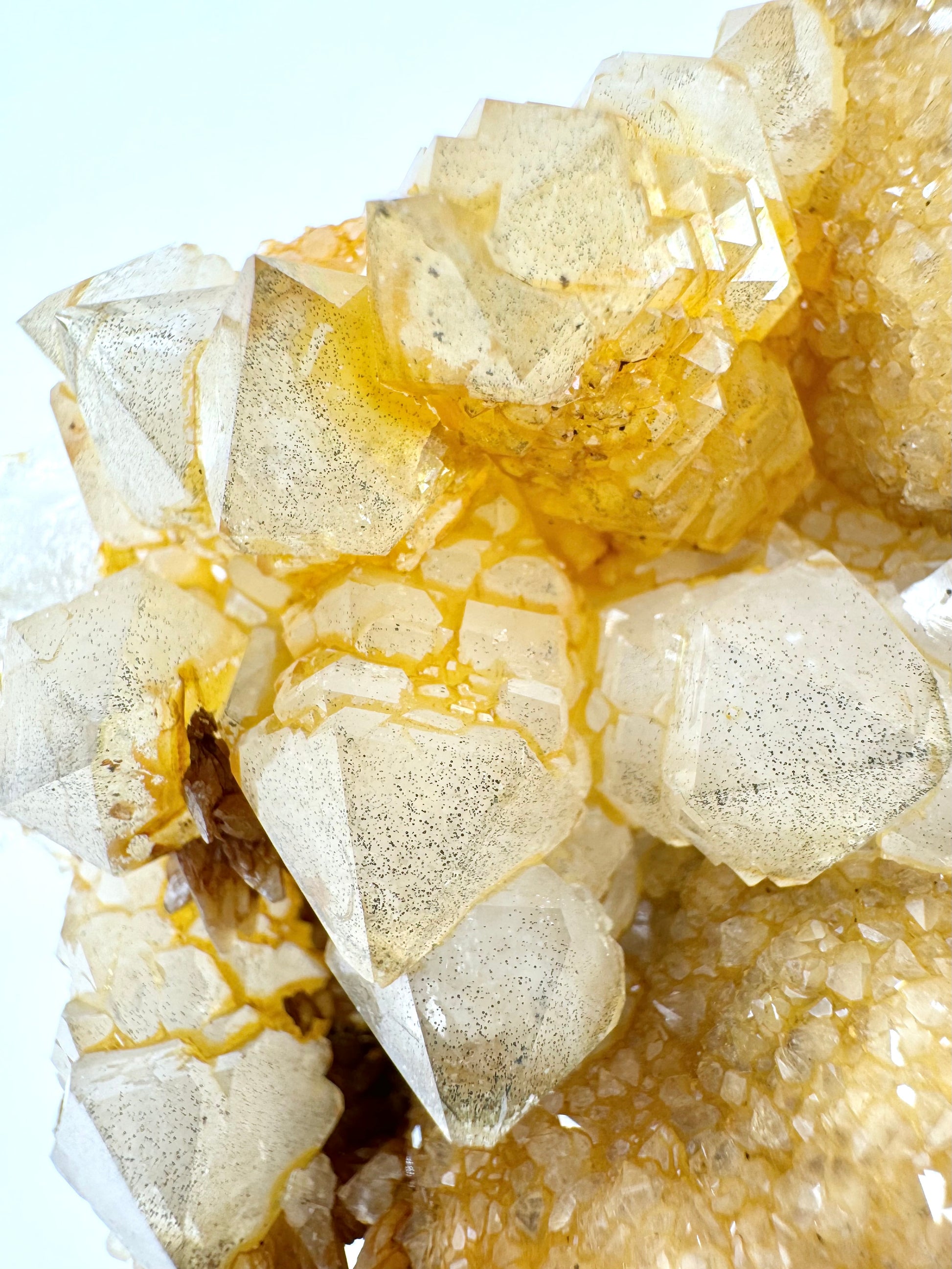 Detail of the quartz crystals, showing alligator growth highlighted by golden iron staining in the inverted portions. The quartz has white phantoms and small black inclusions.