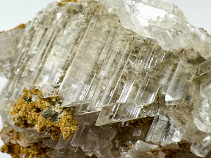 Detail of colorless selenite, parallel crystals with slanted ends like blinds.