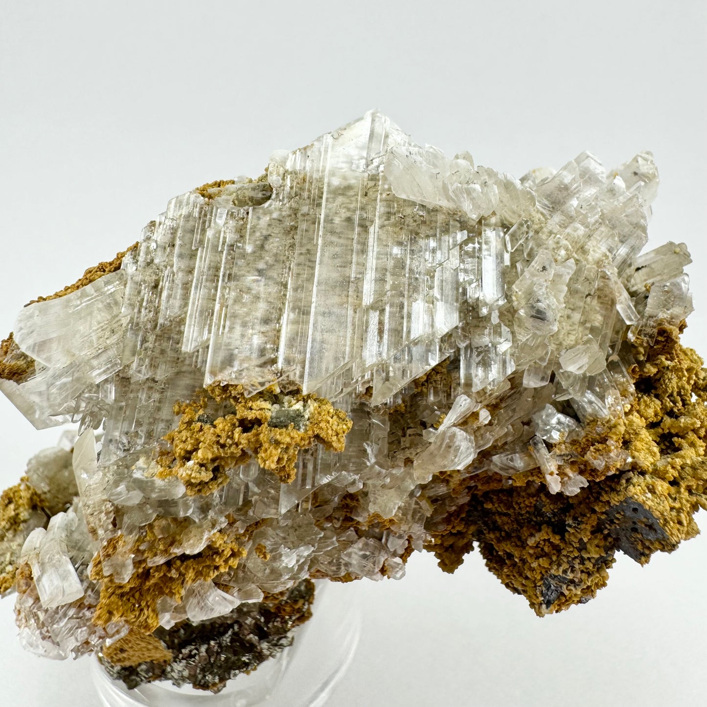 The sheet of selenite crystals at an angle reflecting light, showing the parallel growth lines and angled ends