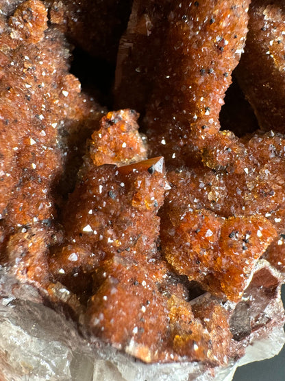 Detail of a small quartz point sticking out of the druzy, with patches of druzy nearby with a lighter yellowish color.