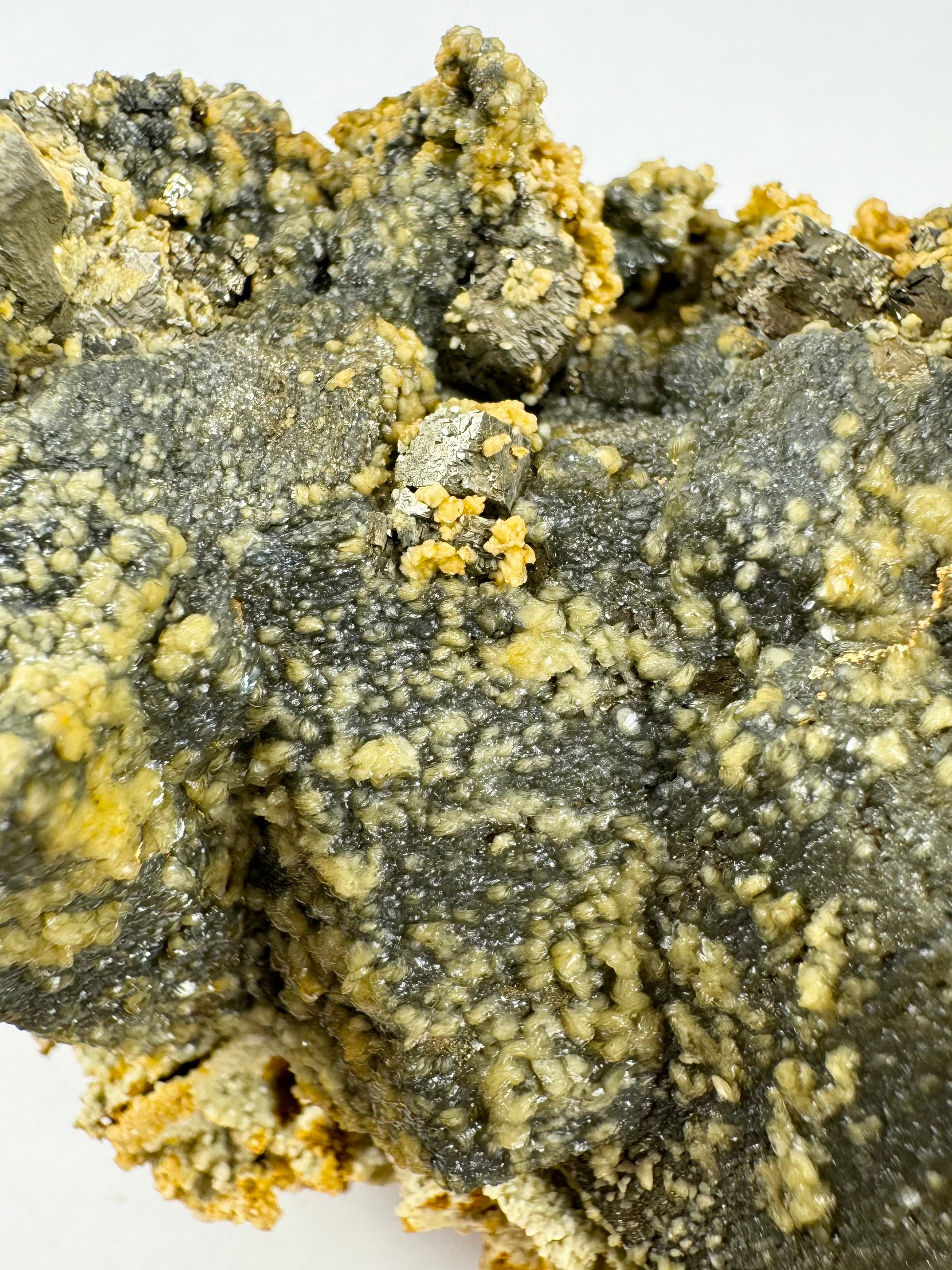 Detail of the surface covered with small melted-looking mineral spots, and with a pyrite cube near the center of the image.