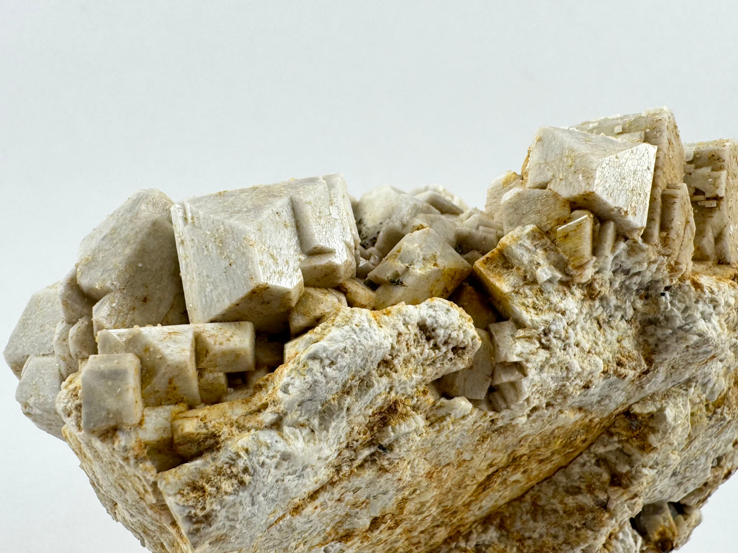 Detail of well-formed microcline crystals along an edge of the mineral, with the rough back of the specimen visible.