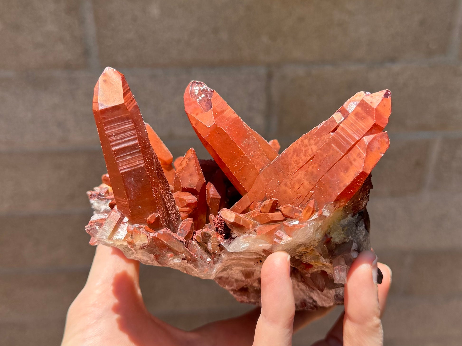 The back of the specimen, with the largest quartz points clear of lumpy overgrowth but coated in a red layer with low luster and good horizontal striations down the sides.