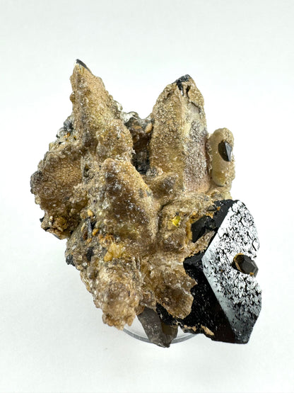 The specimen angled to reflect light off the main face of the schorl, revealing complex inverted patterning.