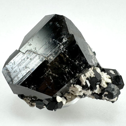 Full view of the specimen, a large blocky black tourmaline crystal with a lightning-shaped jog through the center. It is tilted into the light reflecting so striations are visible on the surface. At the base is a cluster of irregular white minerals and well-formed smaller schorl crystals.