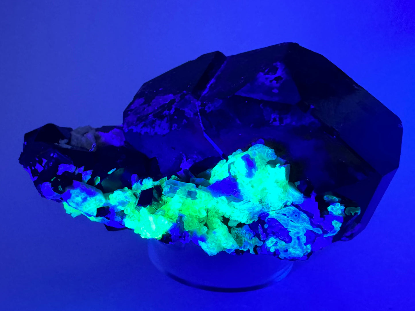 Lighting image of the specimen in the dark and illuminated with blue-tinted UV light. The hyalite fluoresces a strong yellowish-green in the thicker areas of hyalite, with icy blue overtone. The overgrowth on the schorl does not react.