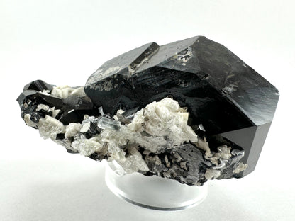 An end of the piece, showing the angular faces of the schorl. There is a mass of albite at the base with a small aquamarine crystal on it, and with transparent colorless hyalite growing over it in lustrous spheres.