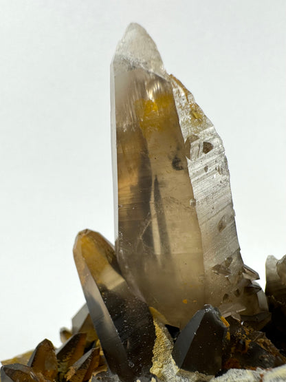 Detail of the main point, showing good clarity and light catching some small inclusions near the top. There is a wispy phantom shape in the bottom half. There are a lot of well-formed small crystals around the base.