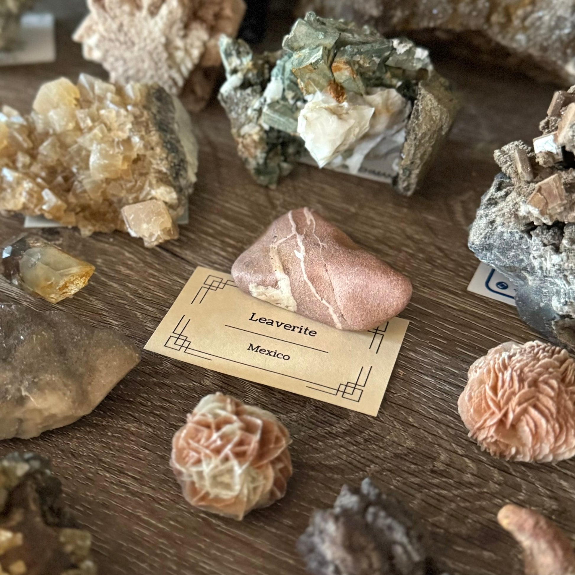 A smooth red-brown rock with white veins through it on a mineral shelf with a tag labeled "Leaverite, Mexico"