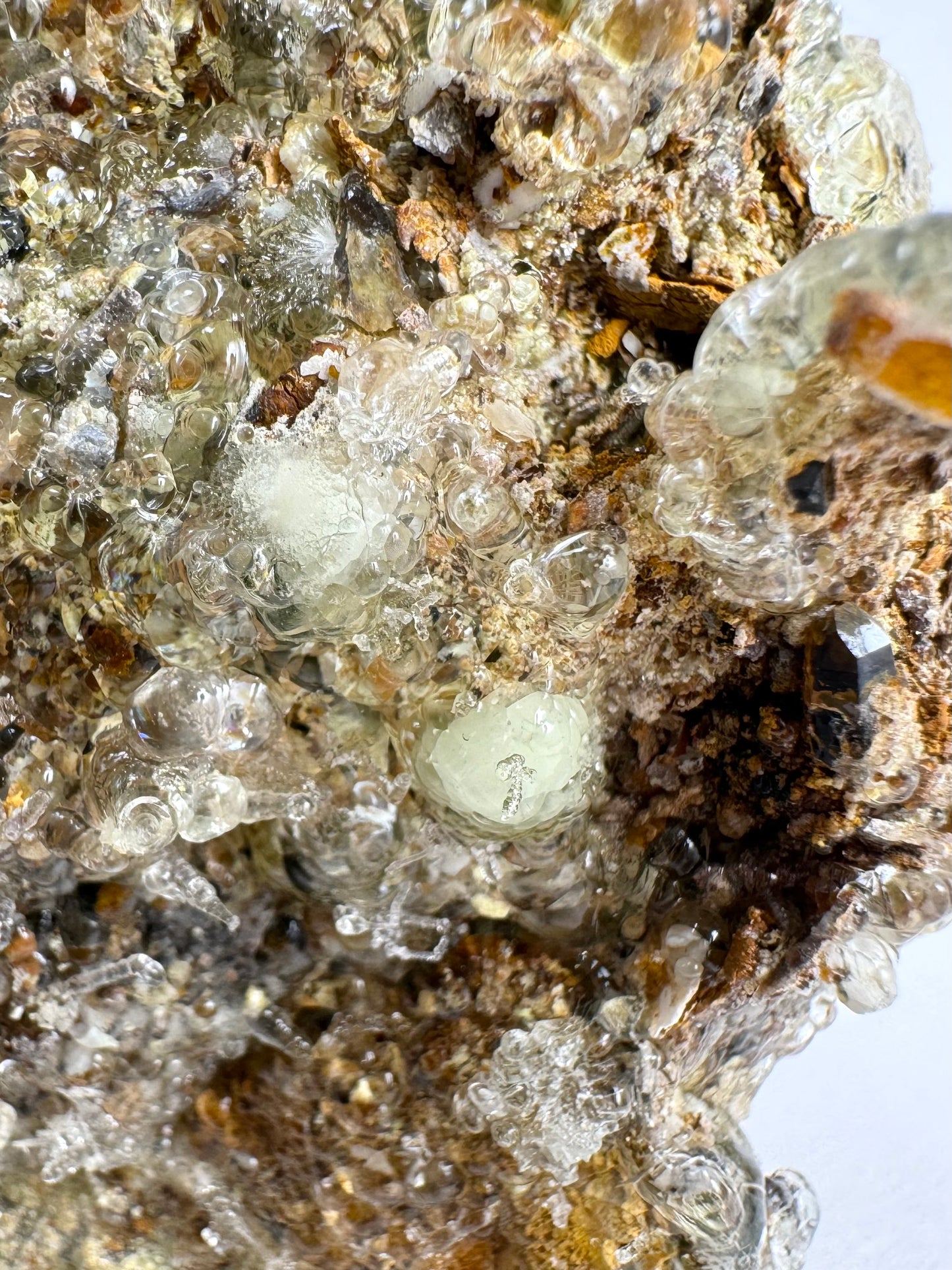 Detail of the snowball-like formations of hyalite, a white opaque sphere coated in slightly yellow-tinted hyalite which coats the area. There are some small needle-like growths of colorless quartz on the hyalite, including on the snowballs. A broken side of a piece near the top shows radial growth.