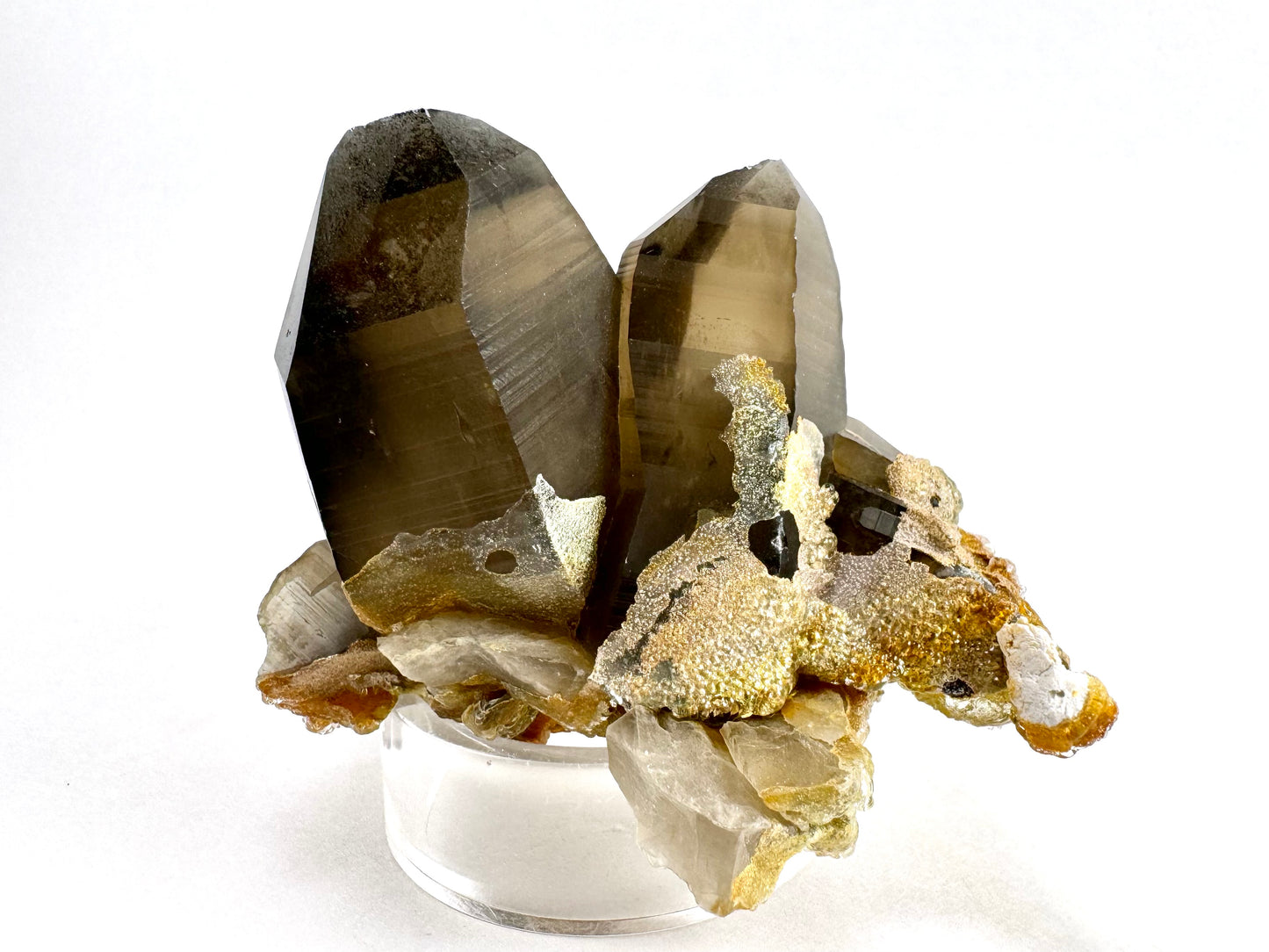One end of the specimen, with the base of the two points coated in hyalite. The righthand smoky quartz crystal has a curved face.