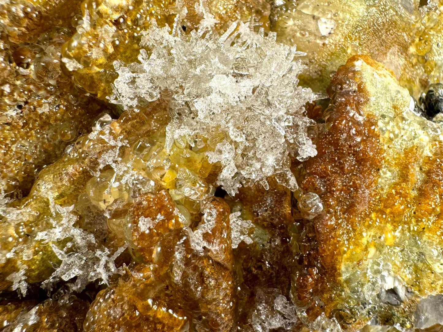 Close detail of the rounded cluster of needles on mineral, colorless but appearing white due to their small size. The needles melt into botryoidal growth, with large and small spheres with high luster.