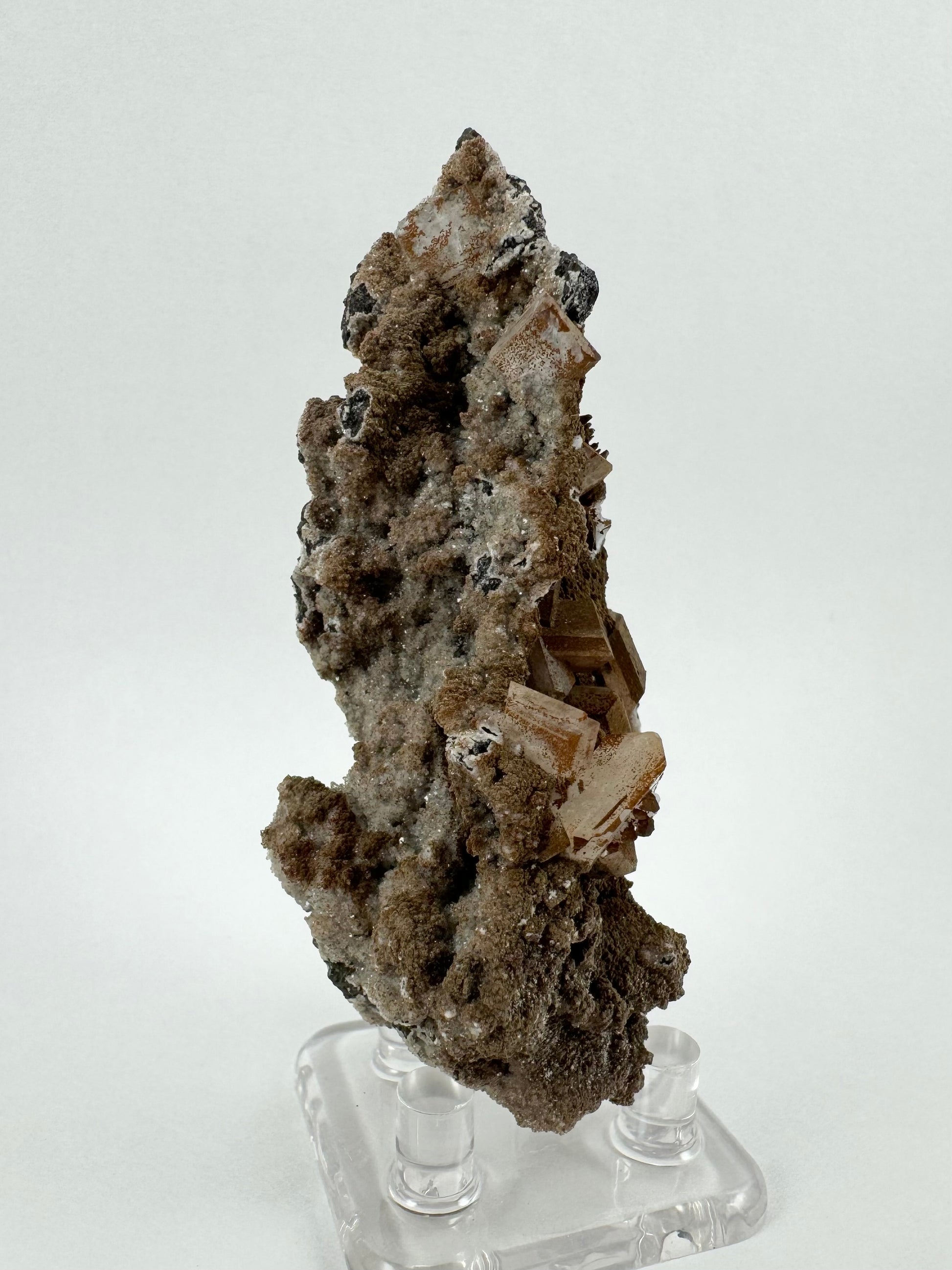 A side-view of the specimen with the square tabular crystals along the right-hand face. The left side is bumpy and coated in a light-tan druzy, with some of the brown overcoating dusted on areas like cinnamon.