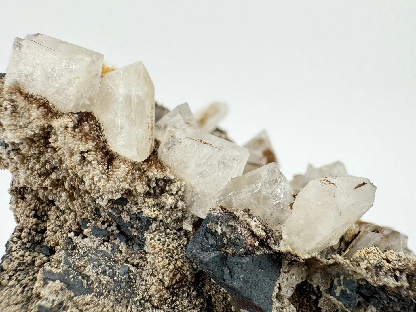 A row of tabular square crystals that are translucent white, and lined up along an edge of the specimen like a jawbone with crooked teeth.