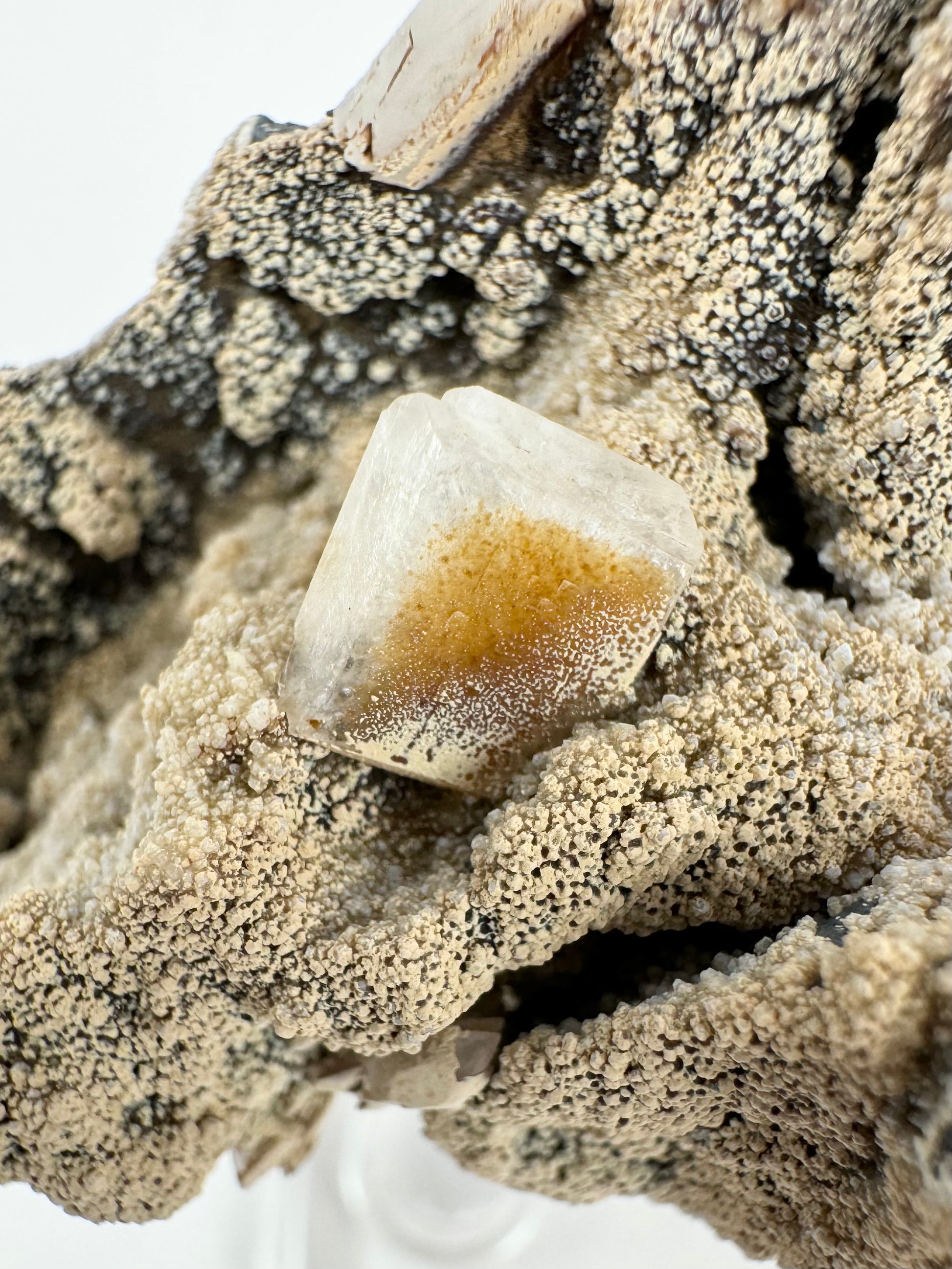 Detail of a hydroxyapophyllite crystal with iron staining on the main square face, and a second overlay layer of light brown lizardite in small dots as if spray-painted on.