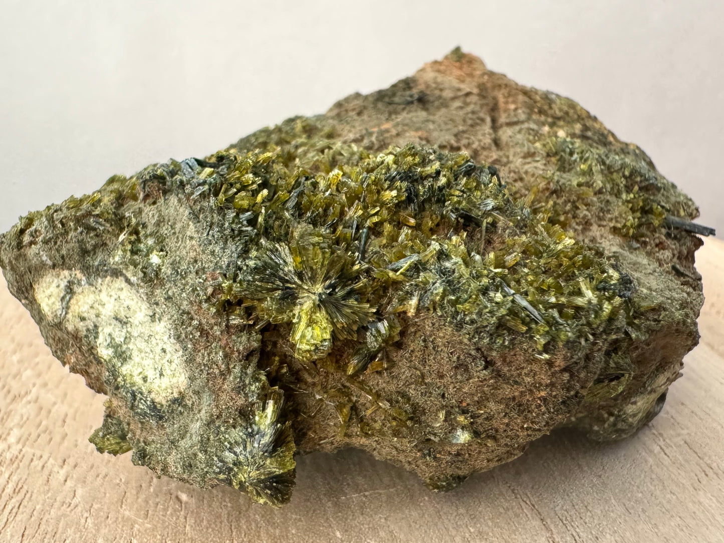 Detail of a well-formed partial spherical spray of epidote crystals, and a forest of thin crystals poking up across the surface behind it.