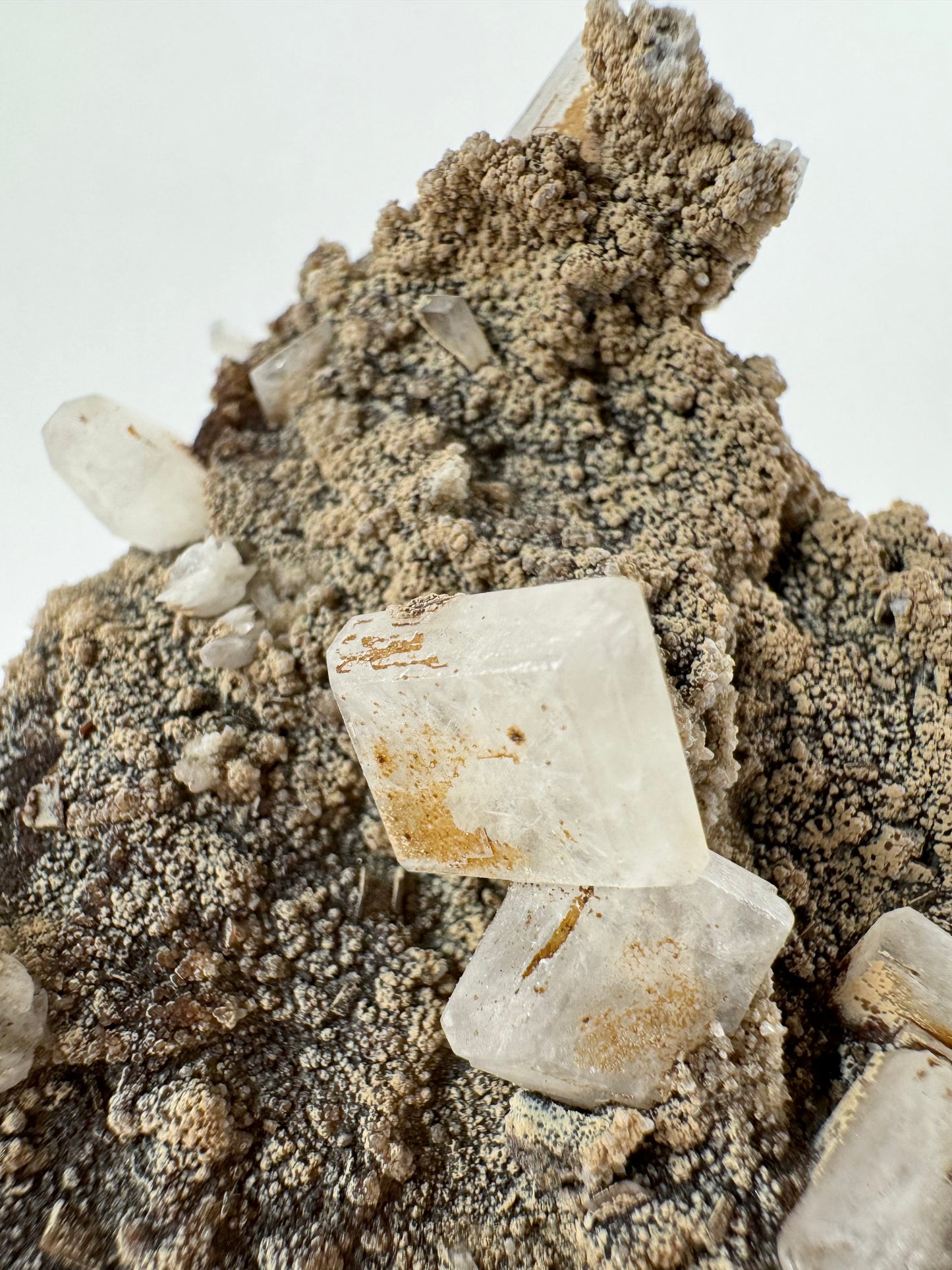 Detail of a pair of milky white semi-translucent hydroxyapophyllite crystals on the bumpy matrix textured like cauliflower.