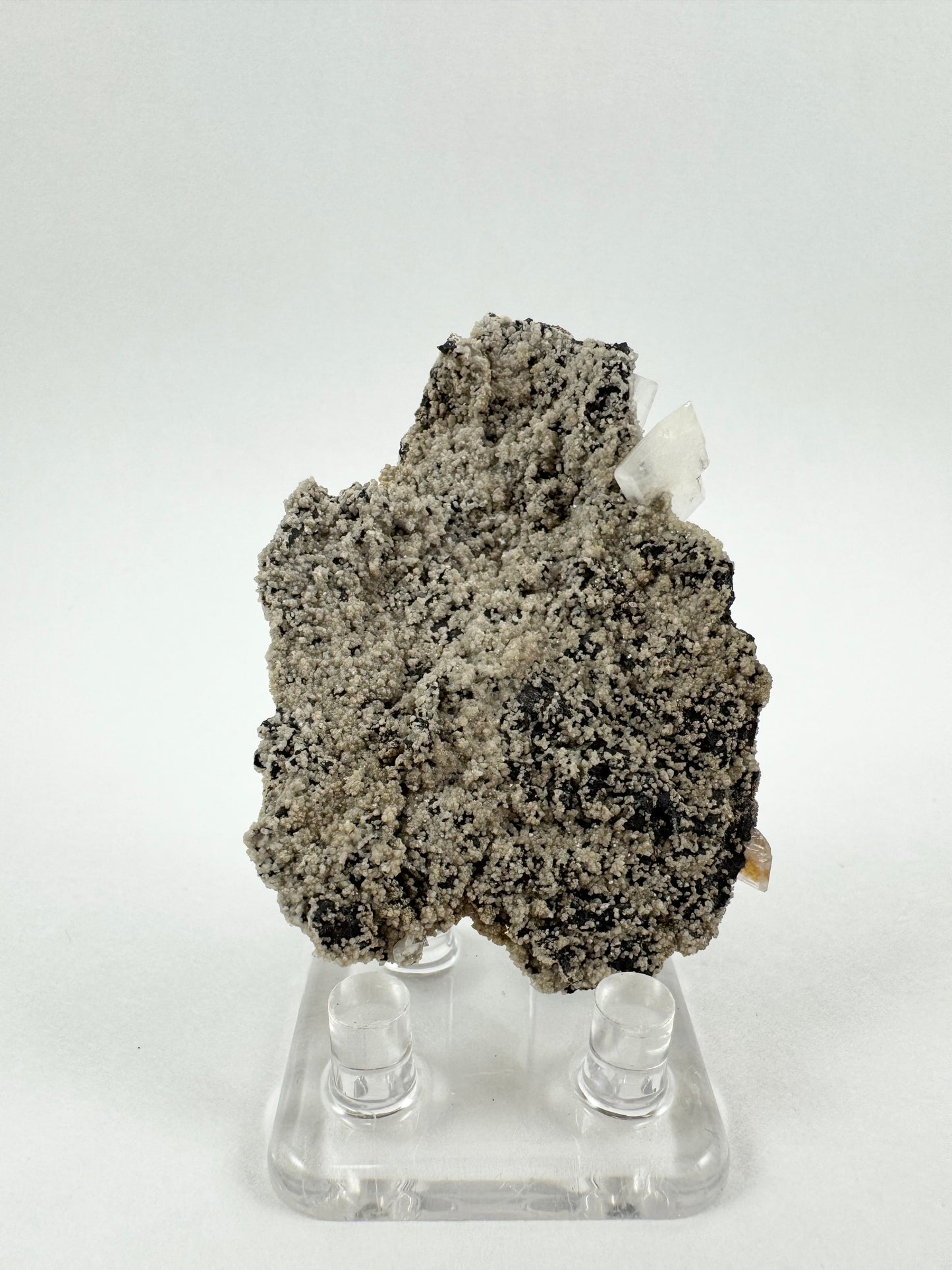 The back of the specimen, mostly covered with a fine light colored calcite druzy with the dark matrix peeking through.