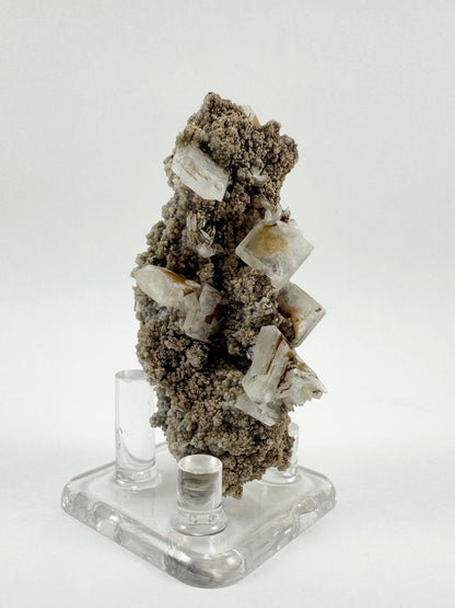 A long skinny mineral specimen with square tabular crystals on a bumpy matrix and coated in a light brown mineral.