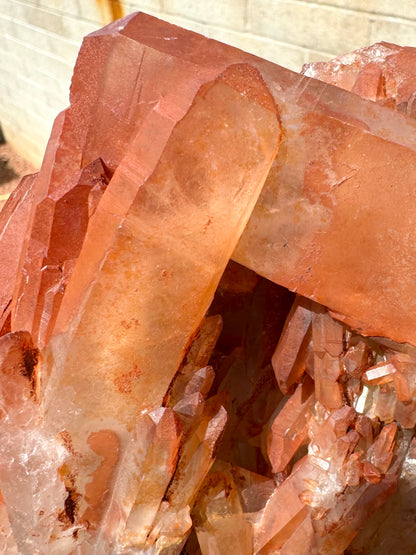 Detail of a large point with good transparency, yellowish with wispy inclusions illuminated inside under the surface layer of orange-red quartz.