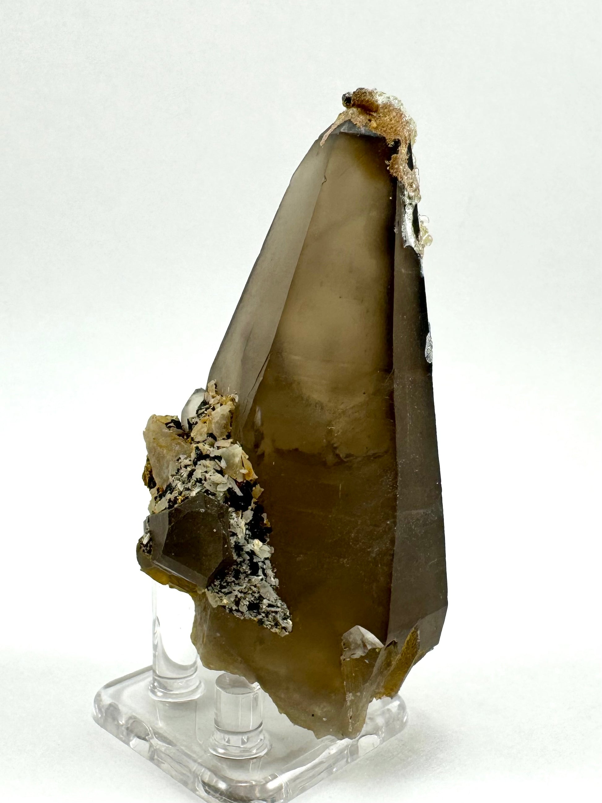 A face of the quartz showing light brown color through it, but coffee-black coloration appearing in a thin layer on the face to the right.