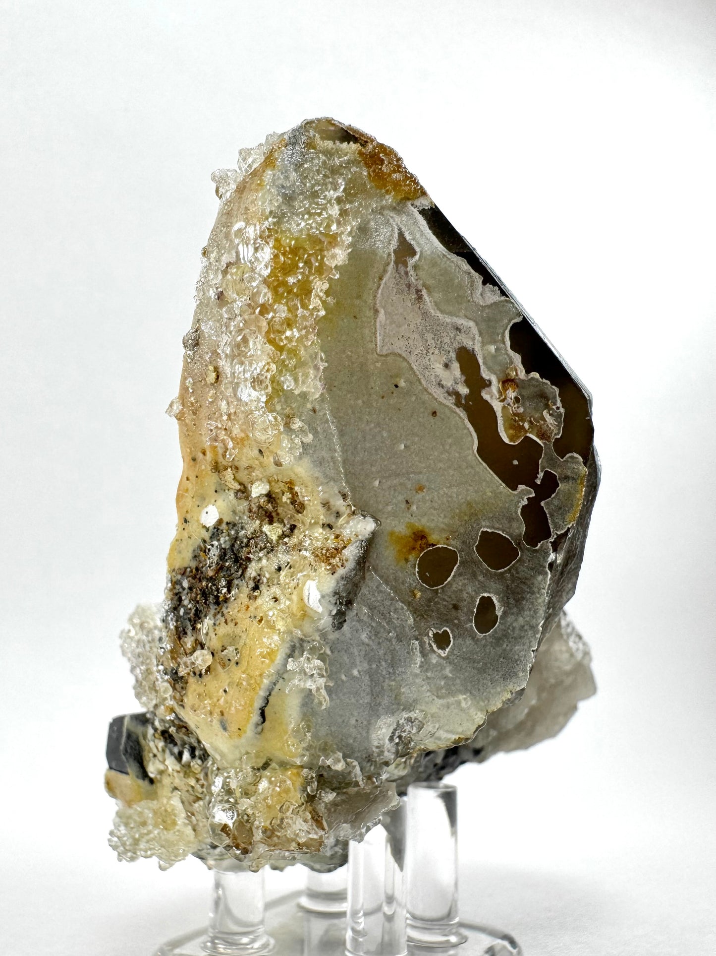 Smoky quartz and black tourmaline cluster with hyalite
