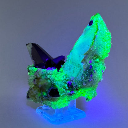 Smoky quartz and black tourmaline cluster with hyalite