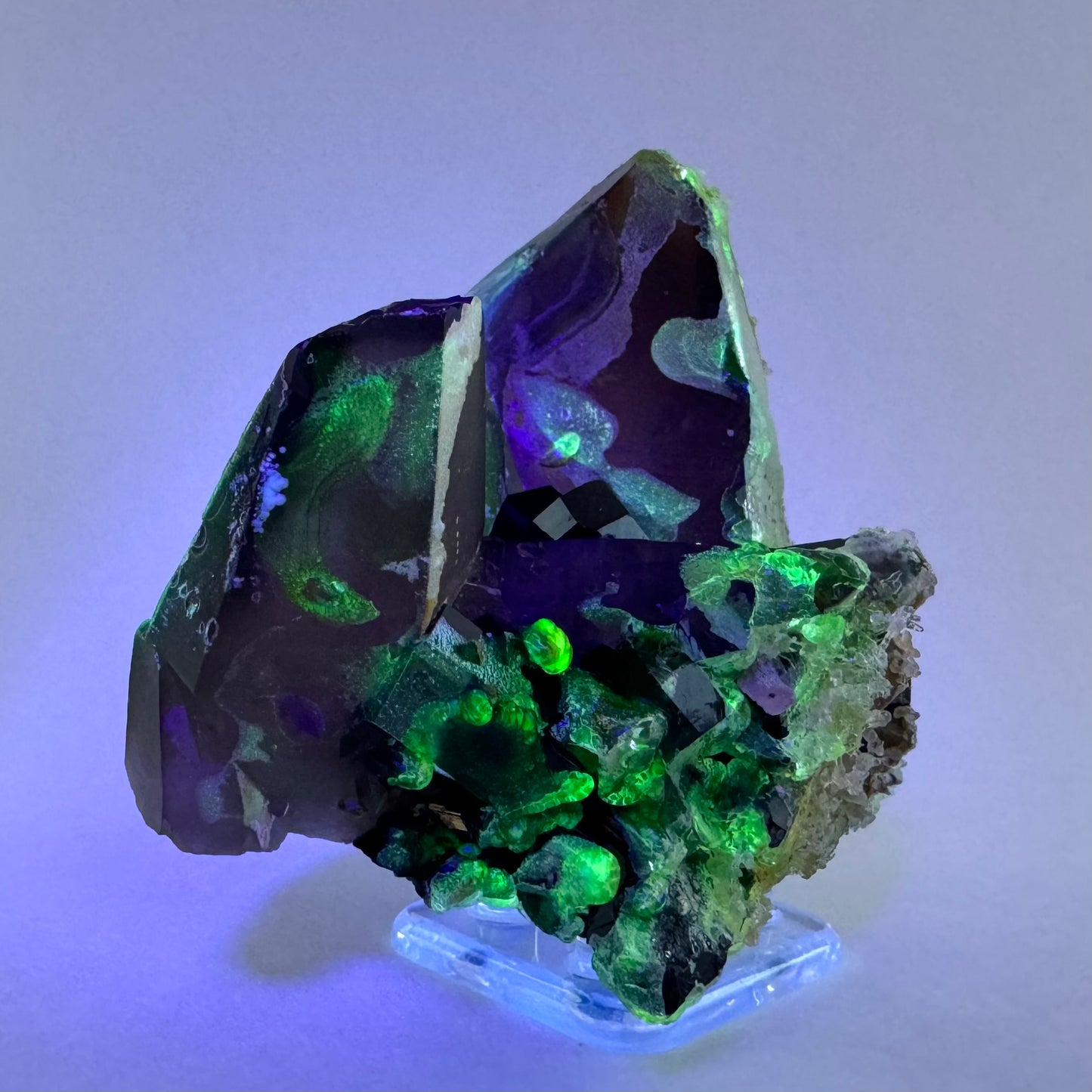 Smoky quartz and black tourmaline cluster with hyalite