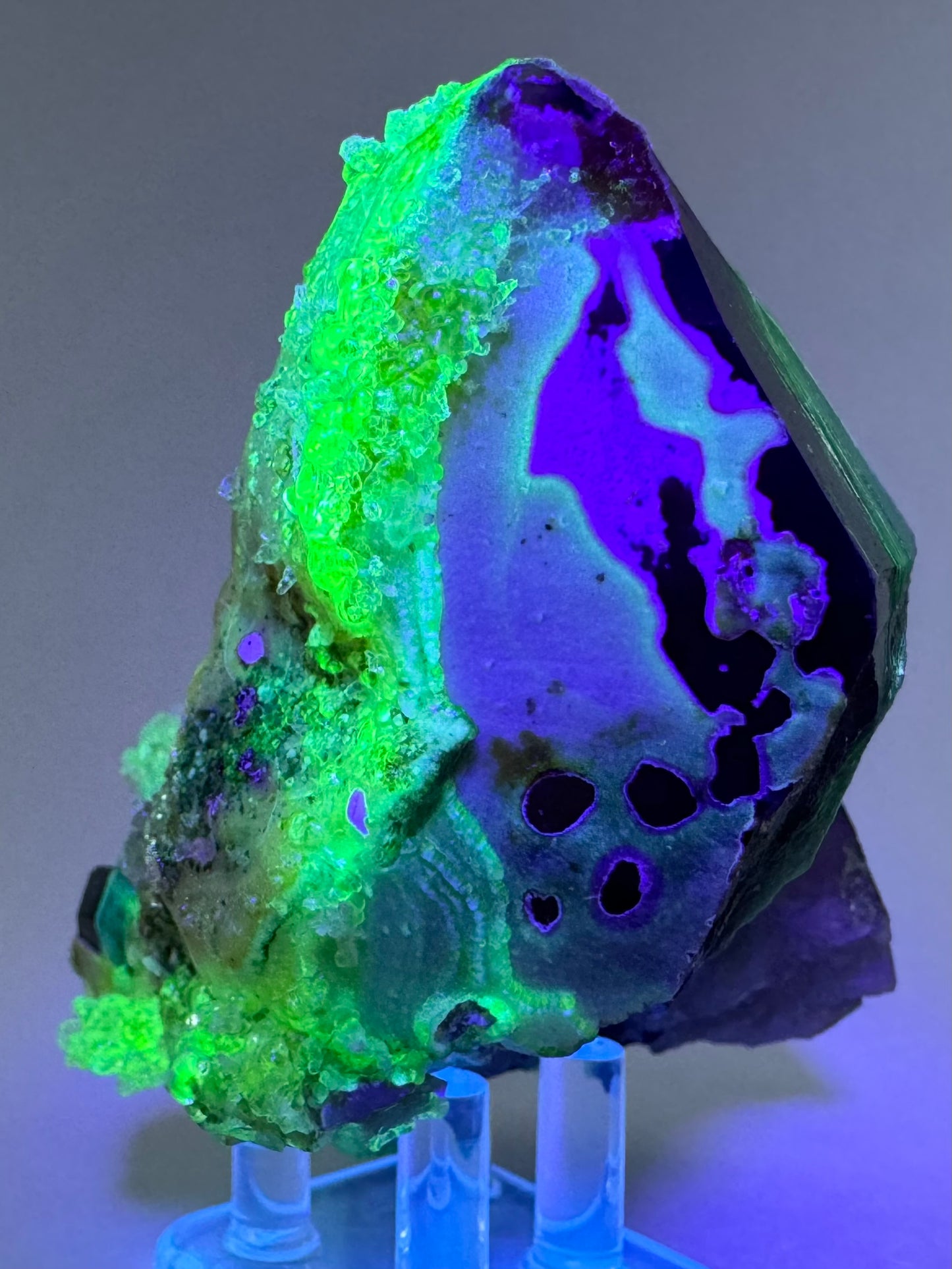 Smoky quartz and black tourmaline cluster with hyalite