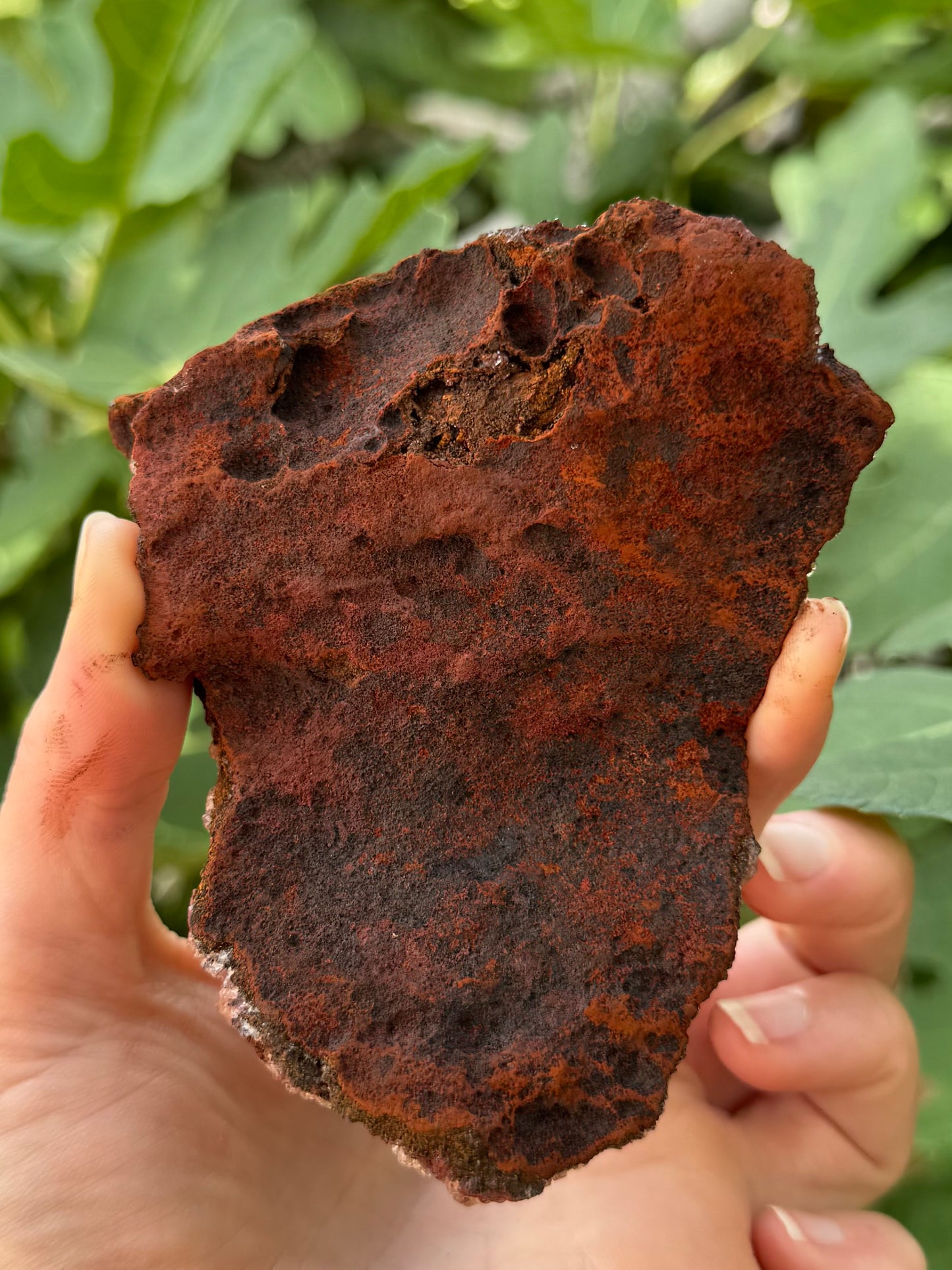 The rough back of the piece, a rich dusty red oxidized color to the iron-bearing material.