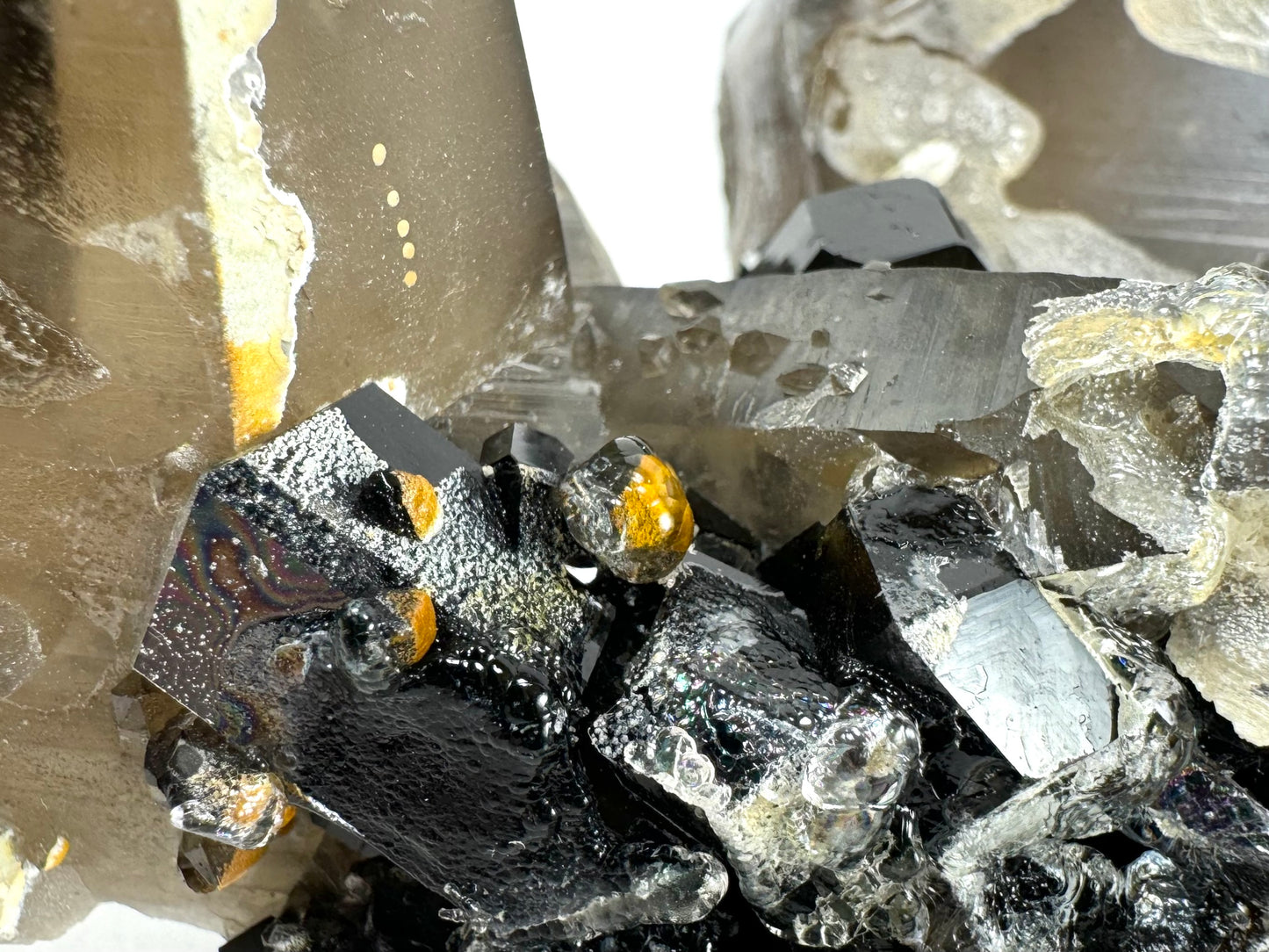 Smoky quartz and black tourmaline cluster with hyalite