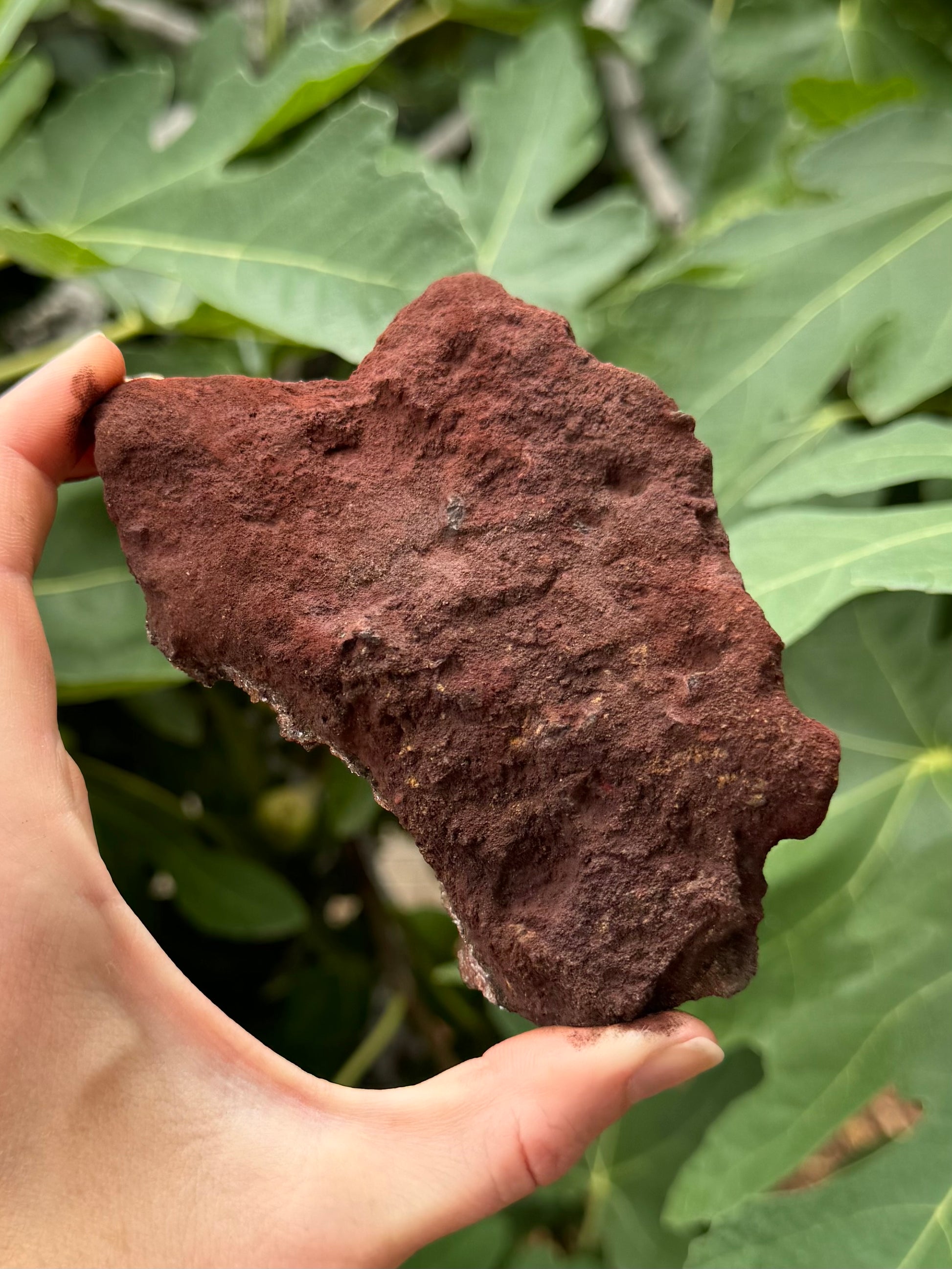 The back of the piece, a rough surface of dusty red oxidized matrix.