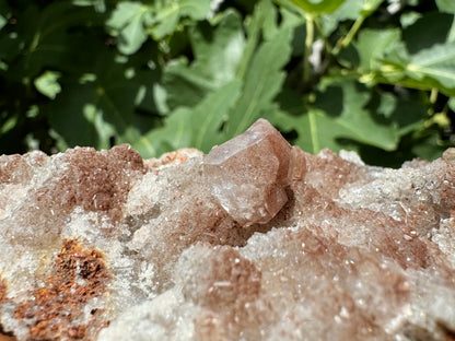 Detail of another colorless calcite crystal on the druzy, with red-brown spot inclusions