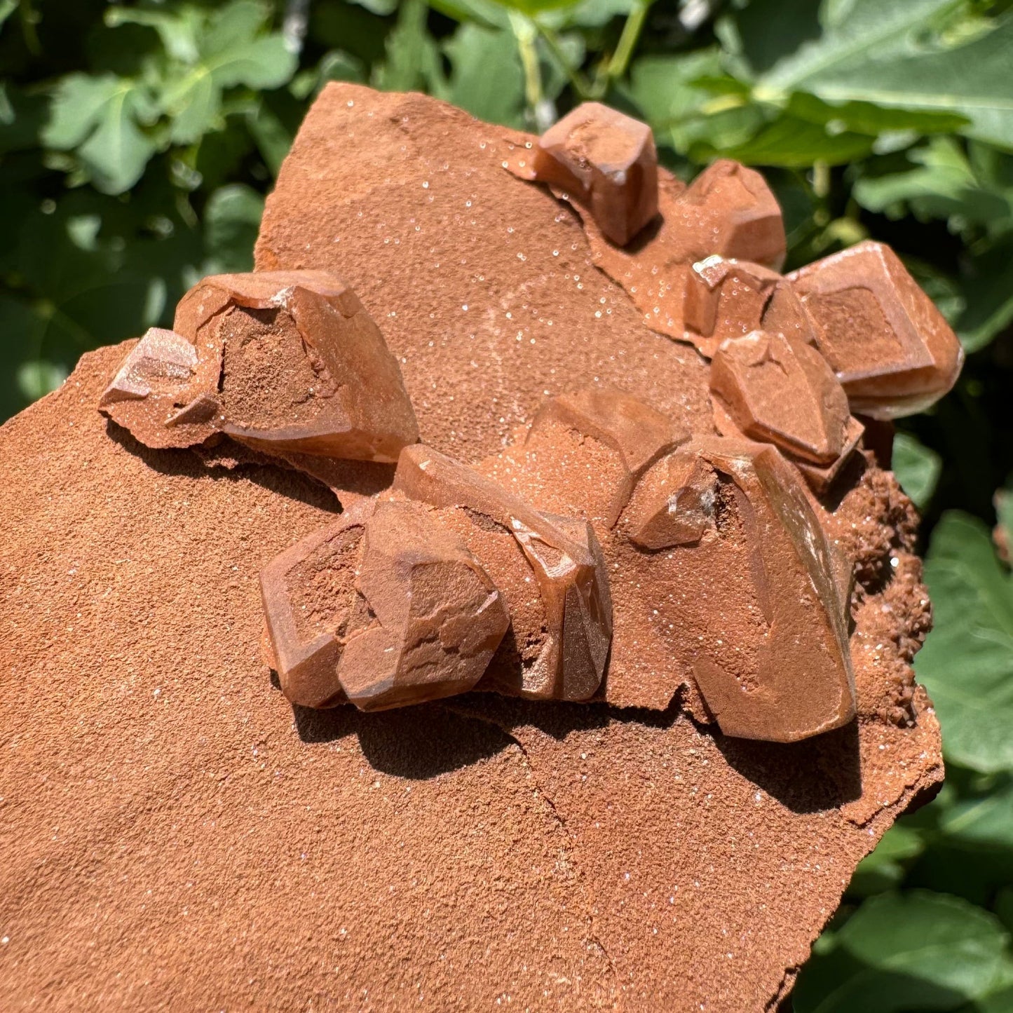 Detail view of some of the calcite crystals, showing an unusual pattern of the faces being inverted: they have a smooth crystal edge raised above the face, with has a dull sandy texture like the matrix.