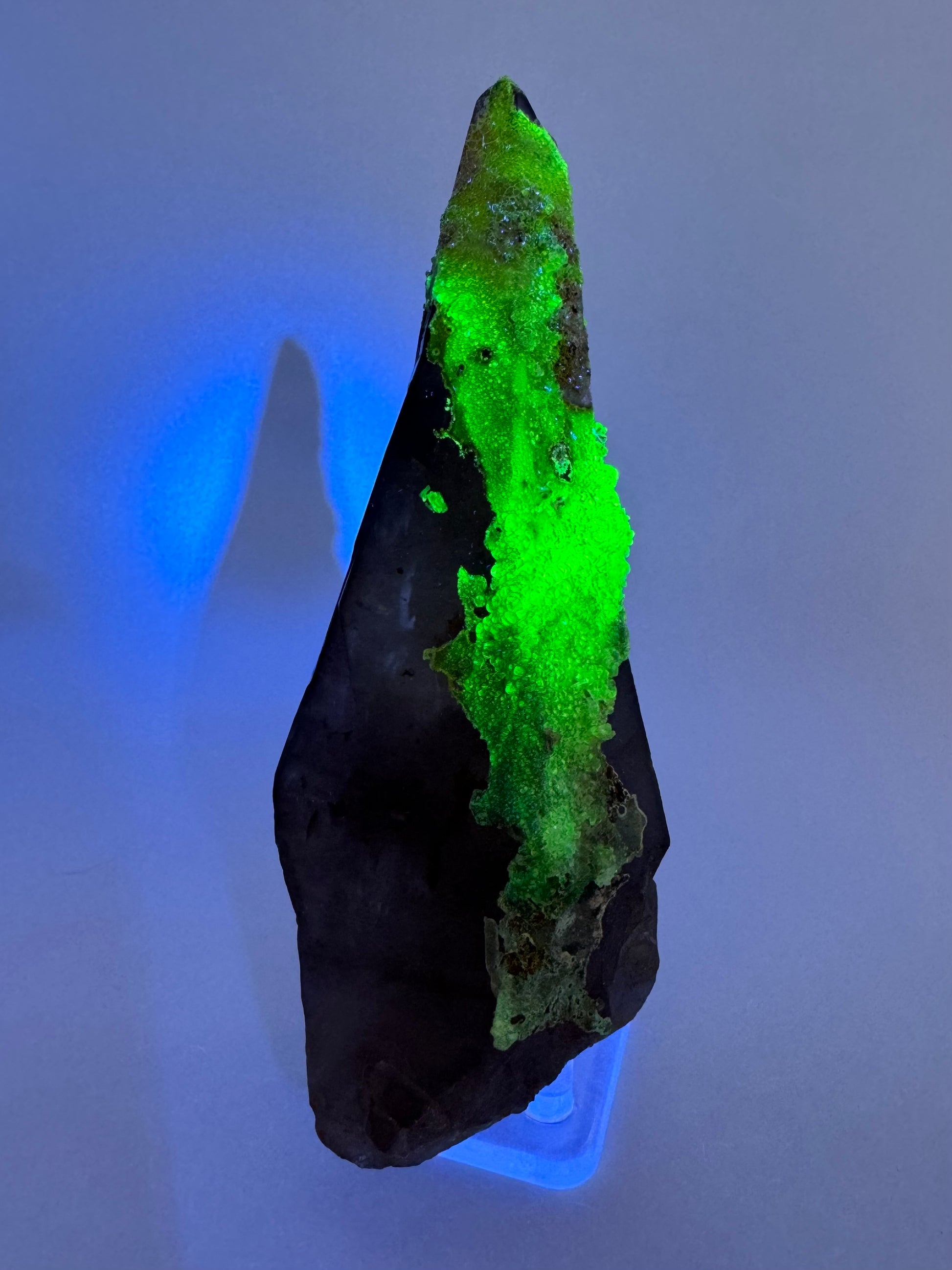 The third of three lighting images: the point in the same position as the previous image, in the dark and illuminated with blue-tinted UV light. The hyalite fluoresces a strong yellowish-green. 