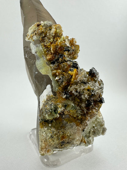 Detail view of the mineral cluster on the quartz, viewed from the base. The base has the largest hyalite crystals, well-formed yellow-tinted colorless spheres with high luster.  There are small needle-like crystals on the largest bump of mineral aggregate.